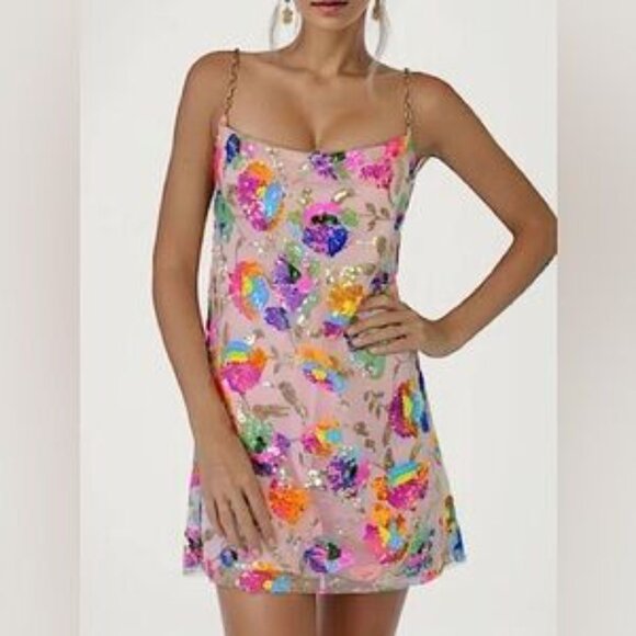 FP Mesh Floral Sequin Chain Strap Slip Mini Dress Cocktail Birthday - Picture 2 of 8